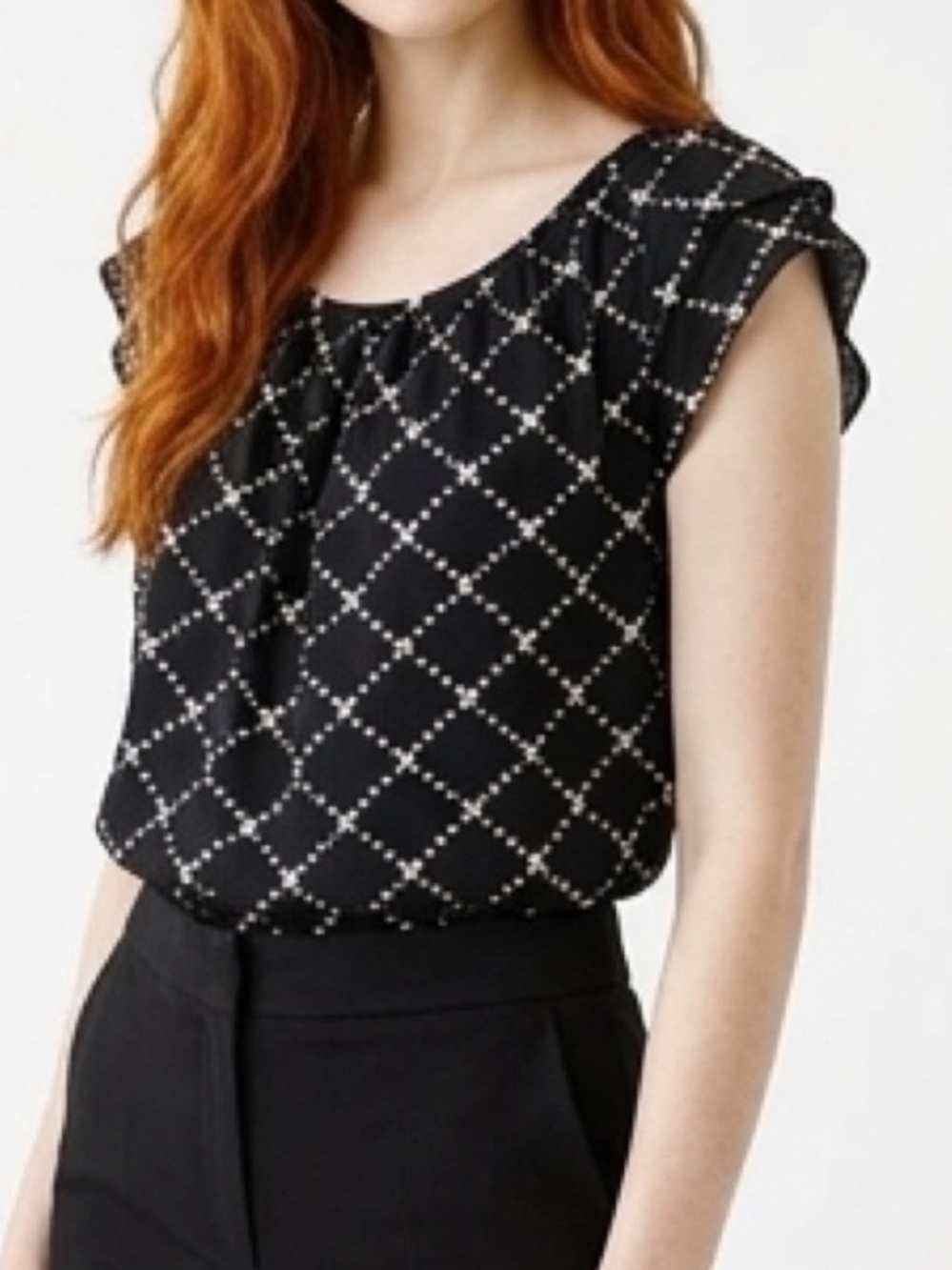LC Lauren Conrad Black Diamond-Print Flutter Cap-Sleeve Blouse